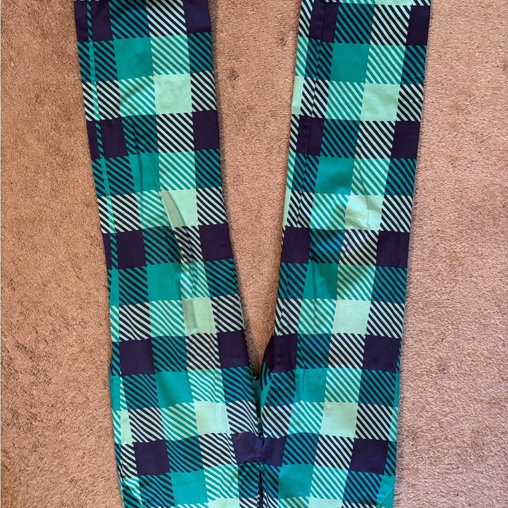 Casual Blue and Green Plaid Pants with Bold Design